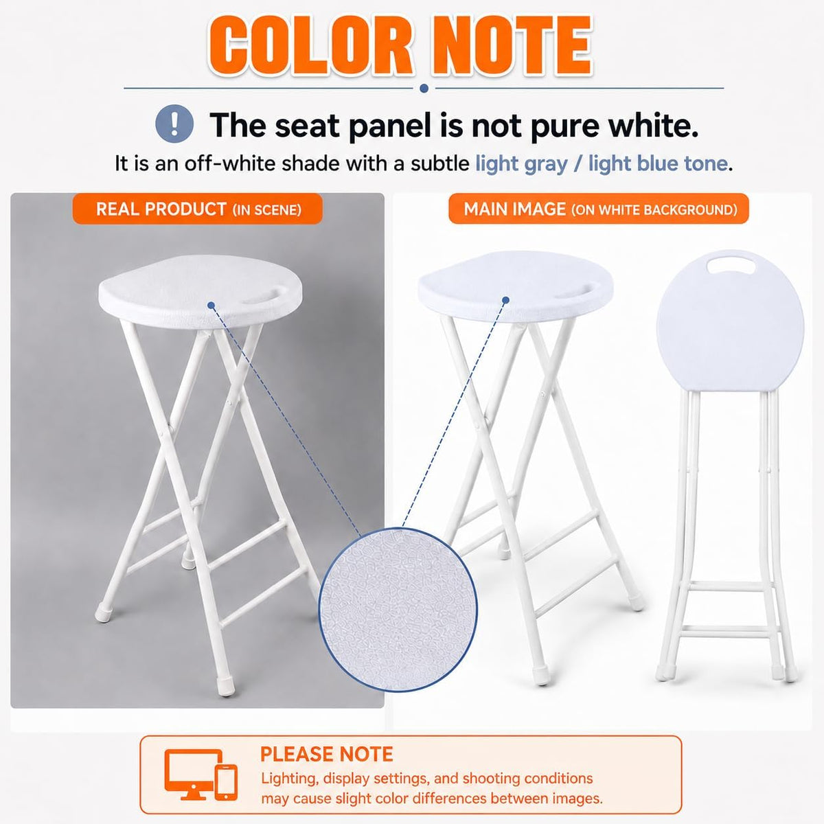 Folding Stool, White 24 Inch Foldable Bar Stool with Handle | Portable Seat, 500 lbs Capacity, Non-Slip Feet, Space-Saving for Guitar, Workbench, Kitchen Island, Outdoor, Party(1 Pack)