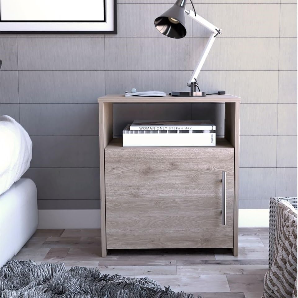 Nightstand, End Table, Side Table One Shelf, Single Door Cabinet, Metal Handle -Light Gray,for Small Spaces