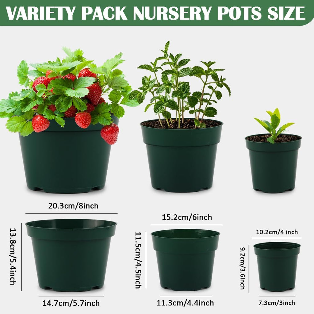 15 Pack 4/6/8 Inch Plant Nursery Pots, Thickened Plastic Pots for Plants with Drainage Holes, Sturdy Seedling Pots, Seed Starting Pot, Flower Pots for Indoor Outdoor Plants, Green