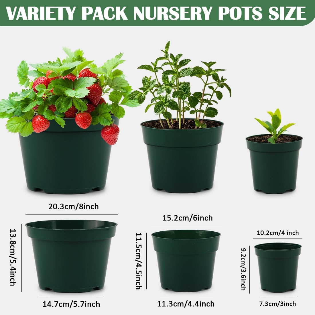 15 Pack 4/6/8 Inch Plant Nursery Pots, Thickened Plastic Pots for Plants with Drainage Holes, Sturdy Seedling Pots, Seed Starting Pot, Flower Pots for Indoor Outdoor Plants, Green
