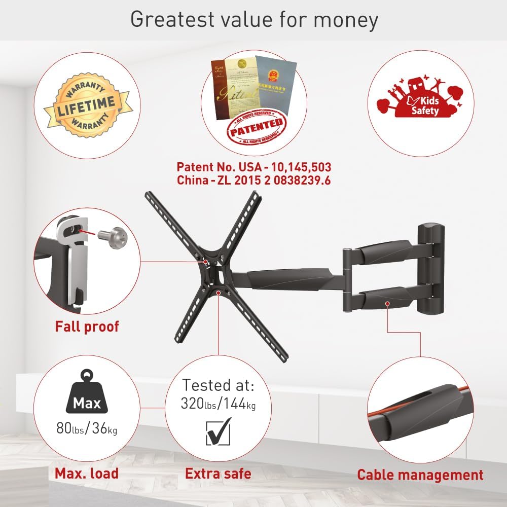Barkan 30'' Long TV Wall Mount, 13-65 inch Full Motion Articulating - 4 Movement Flat/Curved Screen Bracket, Holds up to 80lbs, Extremely Extendable, Fits LED OLED LCD