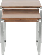 Side Mid-Century Modern Nesting Tables in Stainless Steel and Walnut | Two-table set with walnut wood tops and stainless steel bases