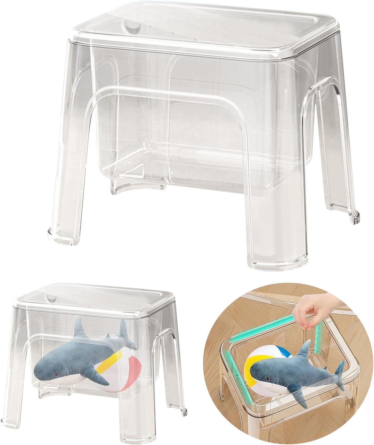 Step Stool Footstool Storage Ottoman Shoe Changing Stool for Laundry Household Bedroom, Clear