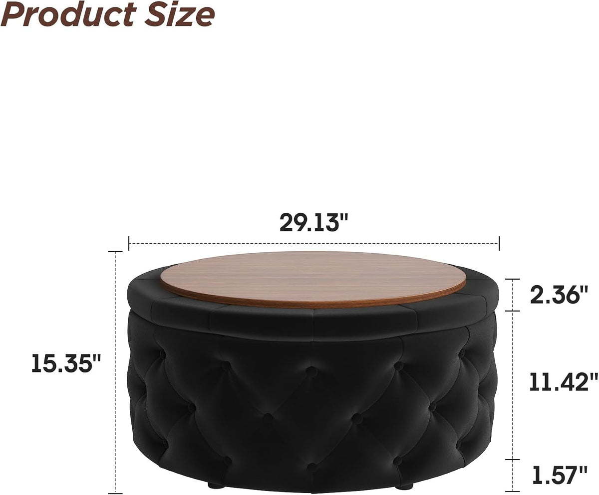 FiveWillowise 30 Inch Round Ottoman with Storage Tray,Large Coffee Table | Circle Modern Button Footstool with Removable Lid,Cozy Foot Stools for Living Room, Bedroom,Makeup Room,Black