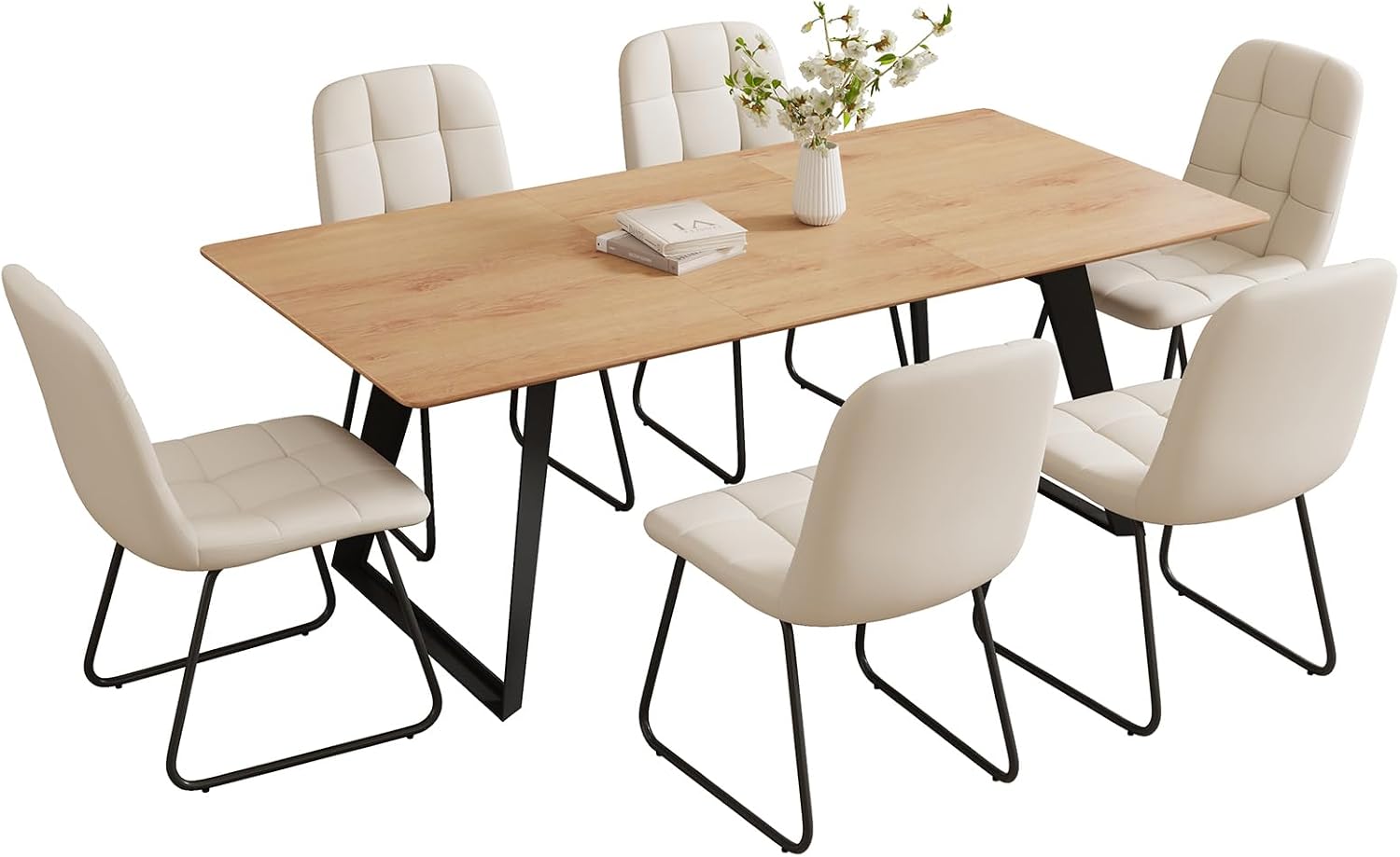 ZckyCine 51‑67 Inch Expandable Dining Set with 6 PU Leather Chairs, Wooden Furniture for Small‑Size Homes