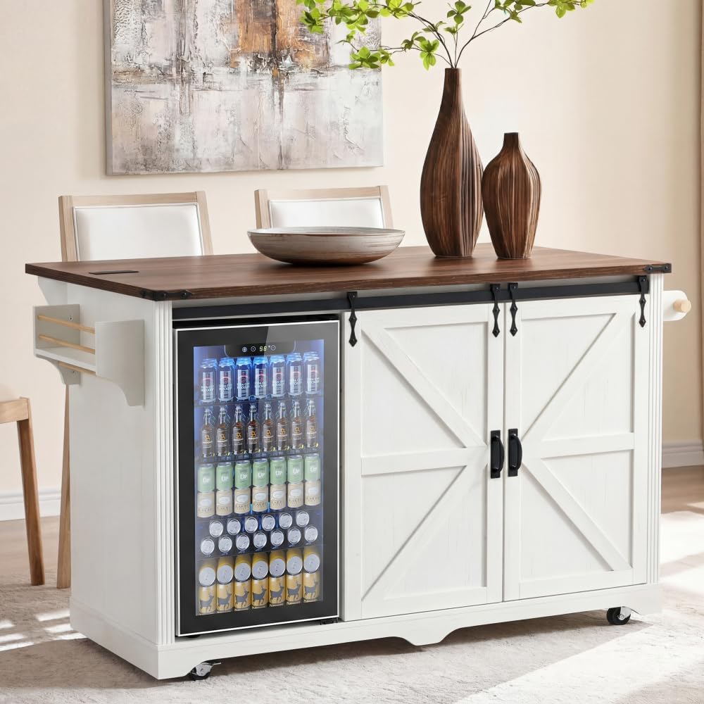 Merax 72" L White Rolling Kitchen Island with Fridge Storage Space | Coffee Bar Cabinet Kitchen Table on Wheels with Drop Leaf, 4 Drawers, Sliding Barn Door and Glass Holder