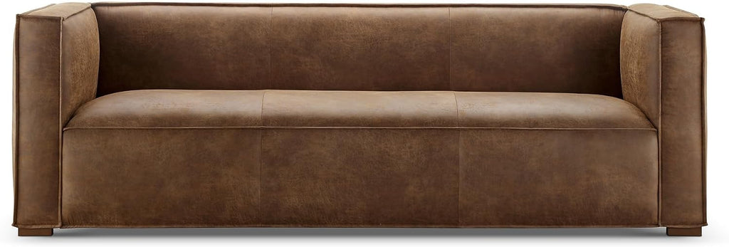 CHERS 83.3" Mid Century Modern Sofa, Luxury French Mixed Fabric Couch with Tight Back, Square Armrest Lounge Sofas for Living Room, Apartment, Bedroom, Office, Chestnut