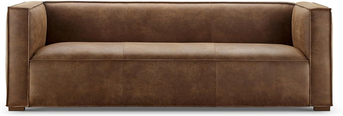 CHERS 83.3" Mid Century Modern Sofa, Luxury French Mixed Fabric Couch with Tight Back, Square Armrest Lounge Sofas for Living Room, Apartment, Bedroom, Office, Chestnut