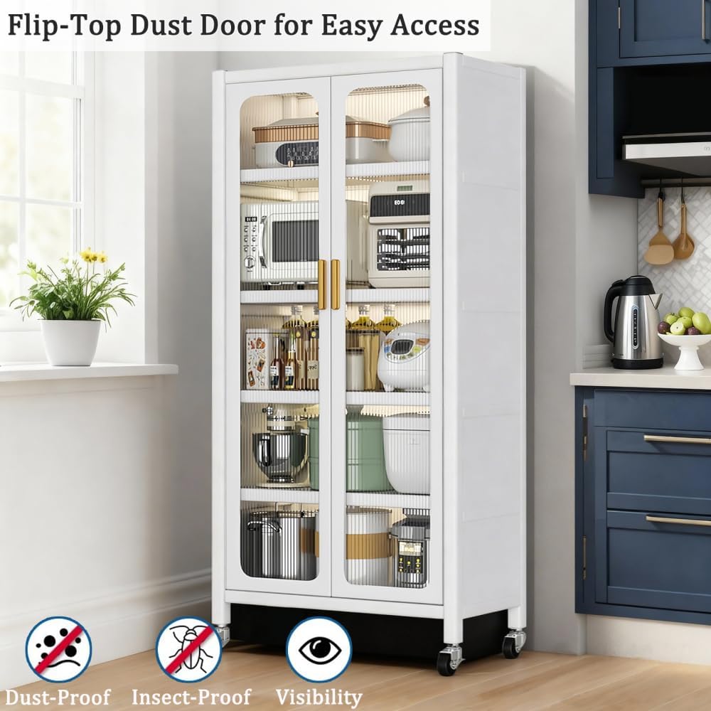 65" Kitchen Pantry Storage Cabinet - Metal 6-Tier Cabinet Transparent Doors with Wheels & Adjustable Shelves for Living Dining Room (White)