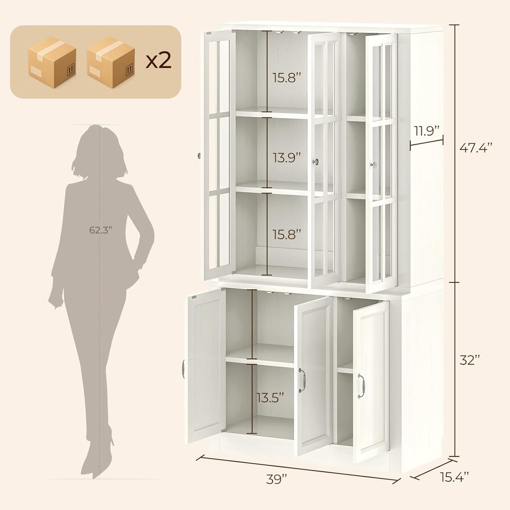 80" Modular Kitchen Pantry Cabinet, 2-in-1 Freestanding Tall Pantry Cabinet with Glass Doors & Adjustable Shelves, Large Hutch Storage Cabinet for Kitchen & Living Room (2, White, 6 Doors)