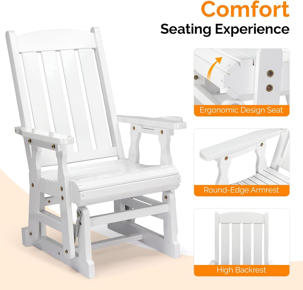 VINGLI Outdoor Glider Chair Wood Patio Glider with Cup Holder, Porch Glider with Smooth Rocking Mechanism, Heavy Duty 600 LBS, White