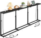 HOOBRO 78.7 Inch Narrow Console Table with Adjustable Height (25.5"-33.4") | 5.9" Sofa Table with Power Outlets, Skinny Behind Couch Table for Small Spaces, Black BB200UXG01
