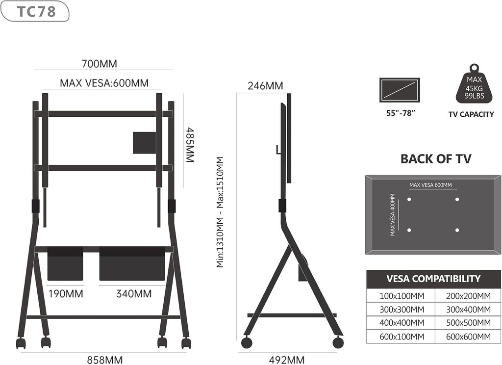 FITUEYES Mobile TV Stand for 55-78 Inch TVs with Wooden Storage Shelf, White