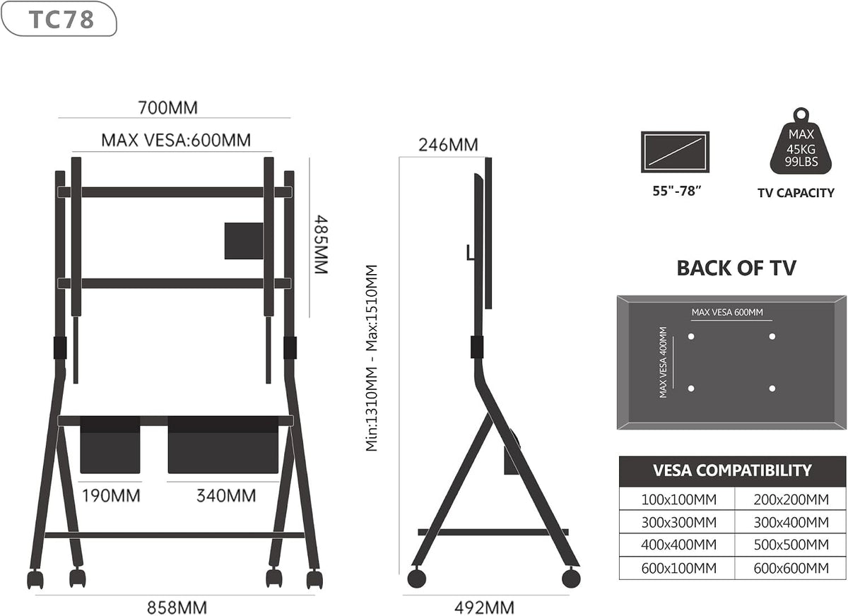 FITUEYES Mobile TV Stand for 55-78 Inch TVs with Wooden Storage Shelf, White