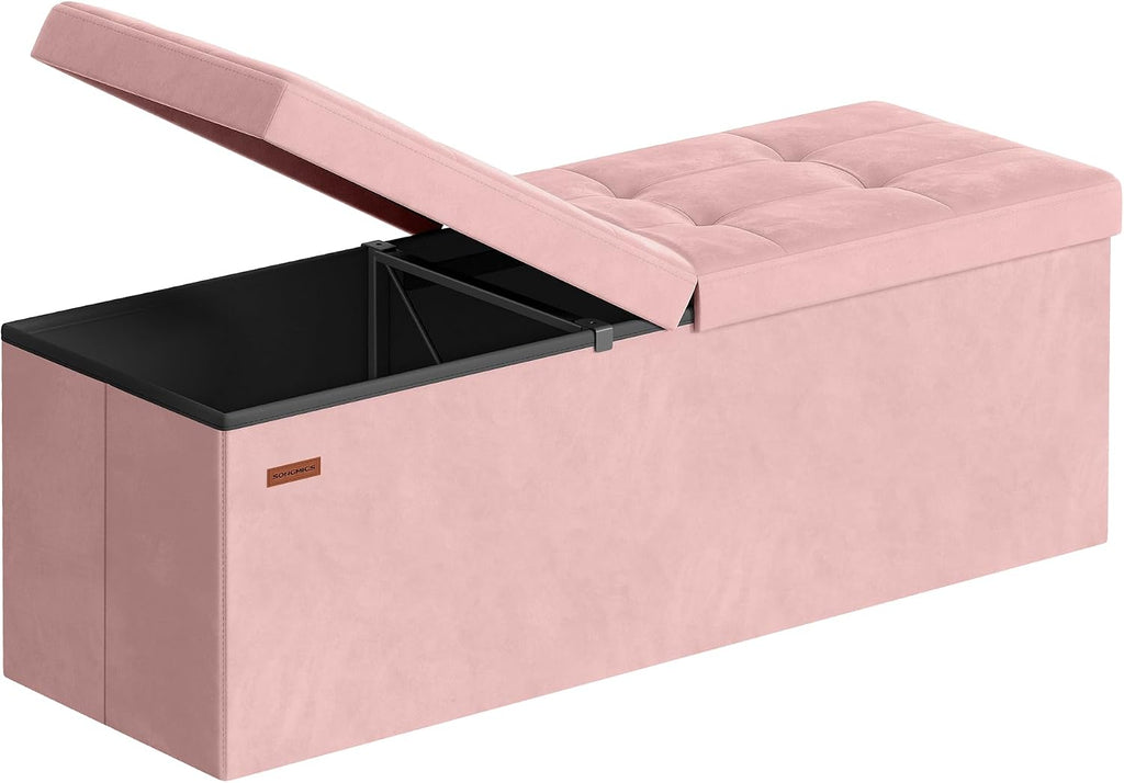 SONGMICS Foldable Storage Ottoman with Flipping Lid, 43.3 Inch Velvet Bench | Coffee Table, Folding Storage Bench for Bedroom, Entryway Shoe Bench, Jelly Pink, MINOTA Collection ULSF078SA01