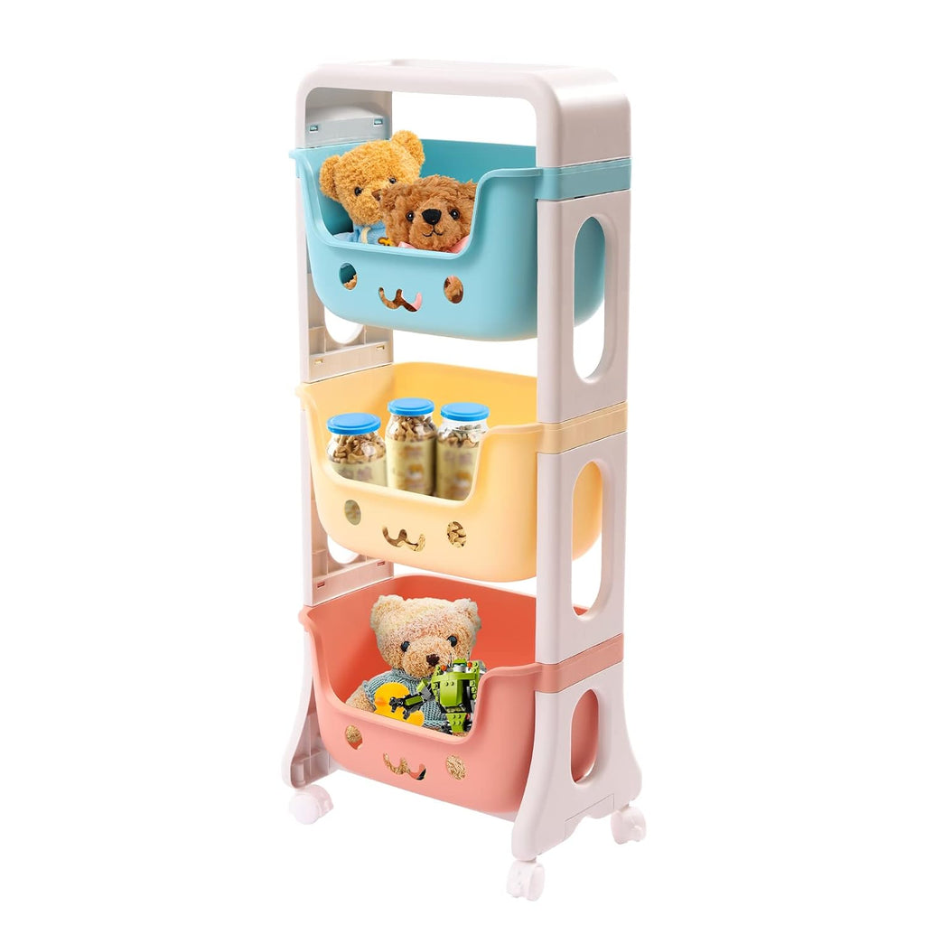 Kids Toy Storage Organizer, Multicolor, 3-Tier Rolling Cart | Children Playroom Decor, Doll Activity Rack Shelf, Plastic Bins Box, Universal Wheels