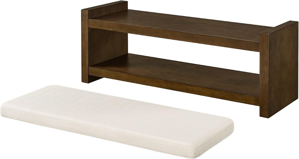 Modern Compact Bed End Bench, Accent Bench with Lower Shelf Shoe Rack, for Living Room Entryway