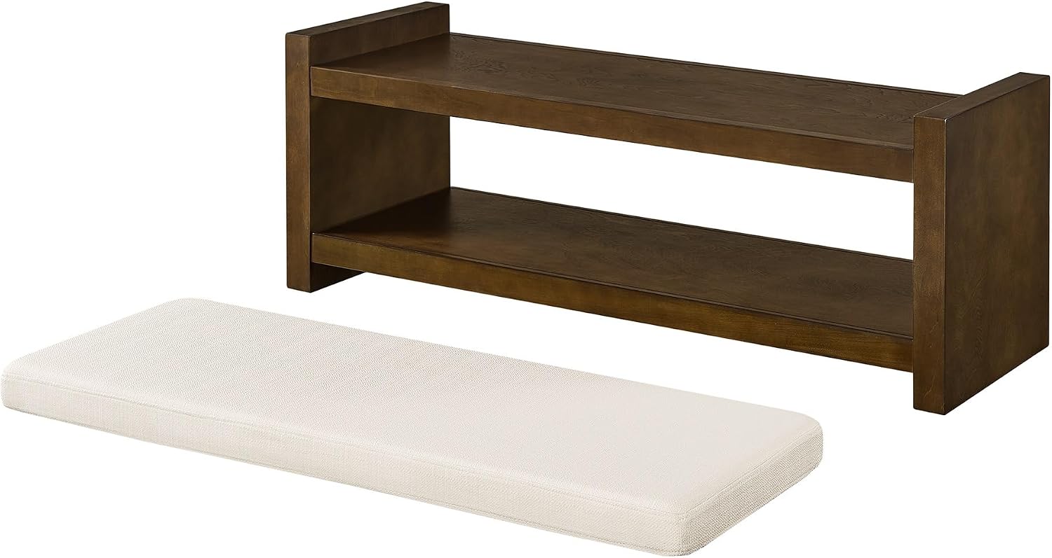 Modern Compact Bed End Bench, Accent Bench with Lower Shelf Shoe Rack, for Living Room Entryway