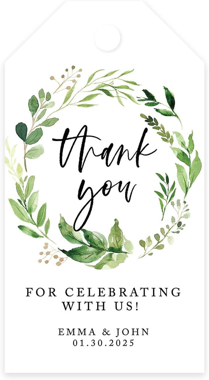 Andaz Press 100-Pack Personalized Thank You for Celebrating with Us Wedding Favor Tags with Bakers Twine Greenery Wreath Custom Cardstock Wedding Gift Tags Thank You Tags for Party Favors 2” X 3.75”