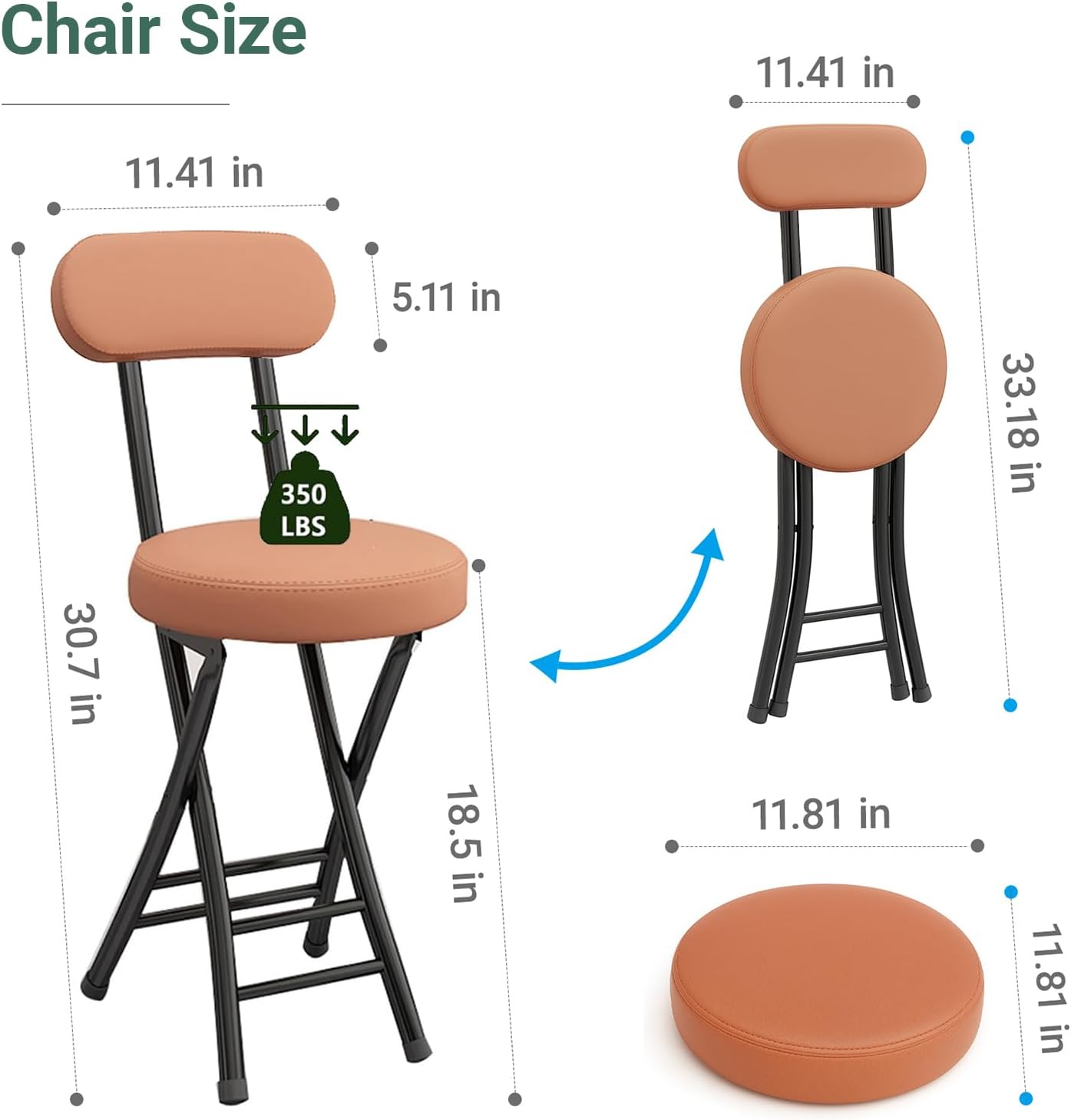 Heavy Duty Folding Stool with Cushion and Backrest, 31” Portable Bar Stool for Family, Kitchen, Living Room, and Travel Use