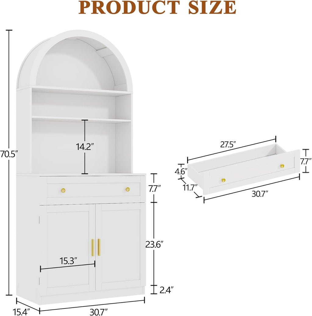 71" Tall Arched Kitchen Pantry Cabinet, Modern Kitchen Storage Cabinets with Hidden Drawer and Spacious Countertop, Wooden Storage Pantry Cabinet for Living Room, Dining Room, White
