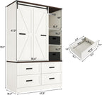 Farmhouse 3 Doors Armoire Wardrobe Closet w/Folding Sliding Barn Door and Lights, LED Armoire Closet w/Drawers for Bedroom, Freestanding Wooden Wardrobe Storage Closets w/Hanging Rod,Antique White