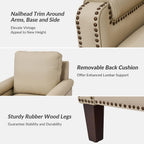 HULALA HOME Genuine Leather Accent Chair Set of 2 with Nailhead Trim, Beige | Mid-Century Modern Armchair with Solid Wood Legs, Rolled Arms, and Removable Cushion