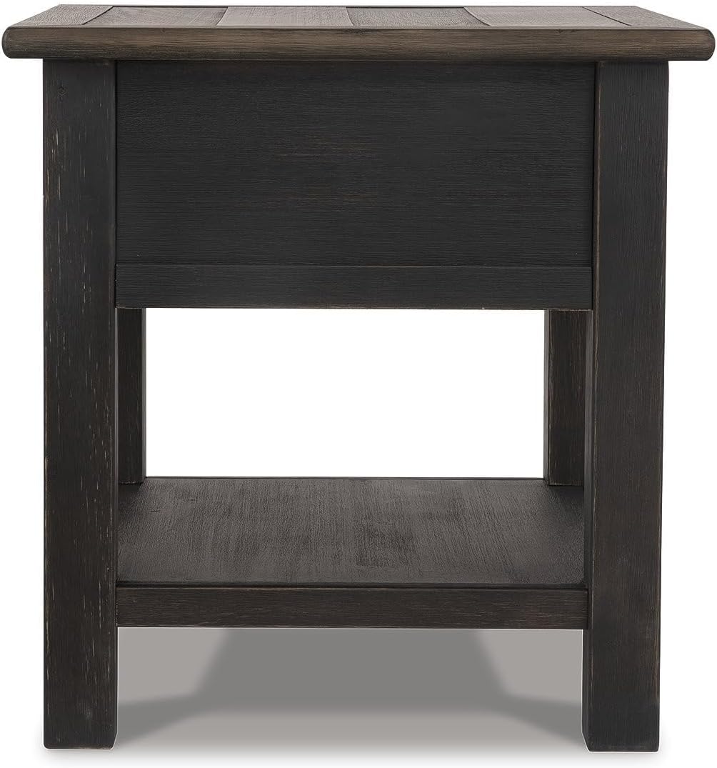 BOWERY HILL Contemporary Wood End Table, Grayish Brown and Black Finish, 1 Drawer and Bottom Shelf, Dark Bronze-Tone Hardware, 25.13" H x 24" W x 27" D, Shabby Chic Living Room Accent