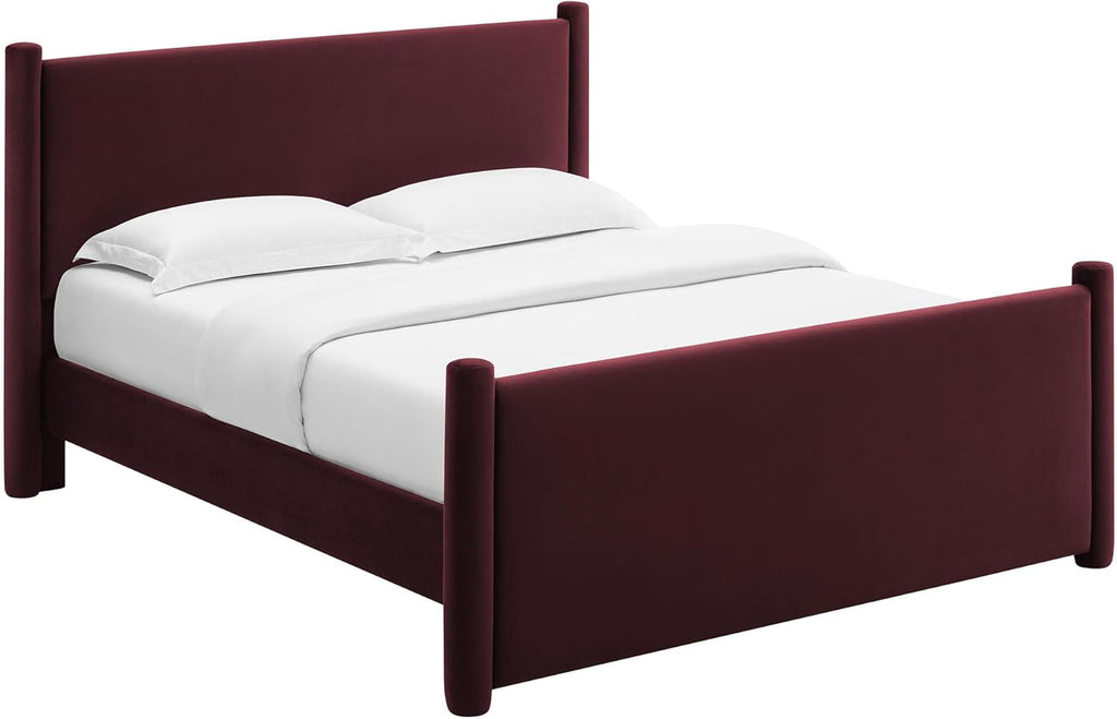Modway Rael Queen Platform Bed Frame with Upholstered Headboard and Footboard in Mulberry – Stain-Resistant Performance Velvet Queen Size Bed with Rounded Posts
