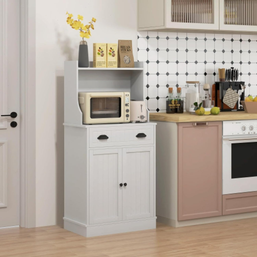 49" Kitchen Microwave Cabinet/Stand with Storage and Drawers, Pantry Storage Cabinet with Hutch & Adjustable Shelves for Kitchen, Dining Room, Living Room, Hallway in White