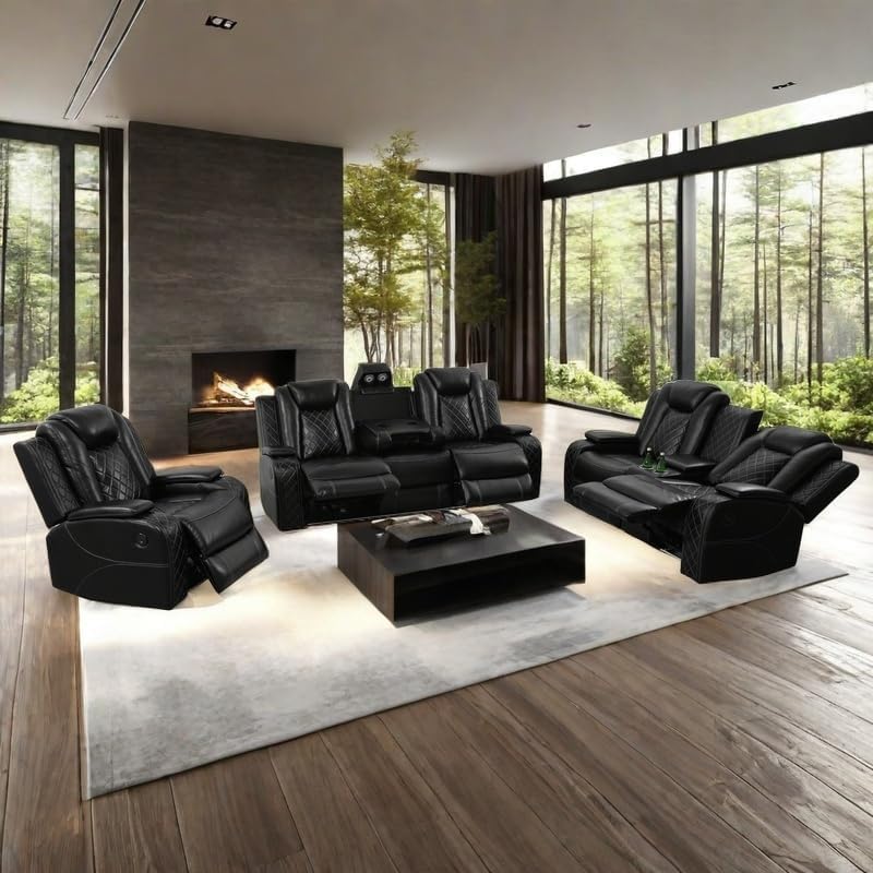 Power Recliner Set with LED Lights, Air Leather Reclining Set with USB Port/Wireless Charger/Storage Console/Cup Holder for House/HomeTheater/Apt (Black, Sofa Loveseat Chair)