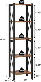 Homeiju 5-Tier Narrow Bookshelf, Ladder Bookshelf, Tall Bookshelf for Bedroom with Open Shelves, Office Bookshelf, Industrial Standing Bookshelf for Bedroom, Living Room and Home Office