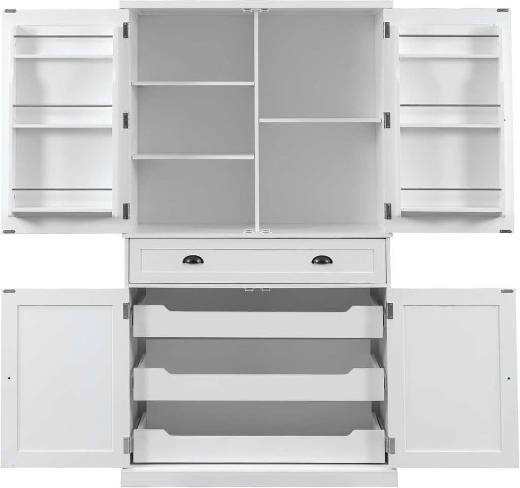 Polibi Freestanding Pantry Cabinet with 4 Doors & 1 Drawer, 3 Adjustable Shelves & Pull-Out Trays, Shaker Style Kitchen Storage for Dining Room, Living Room, Entryway (White)