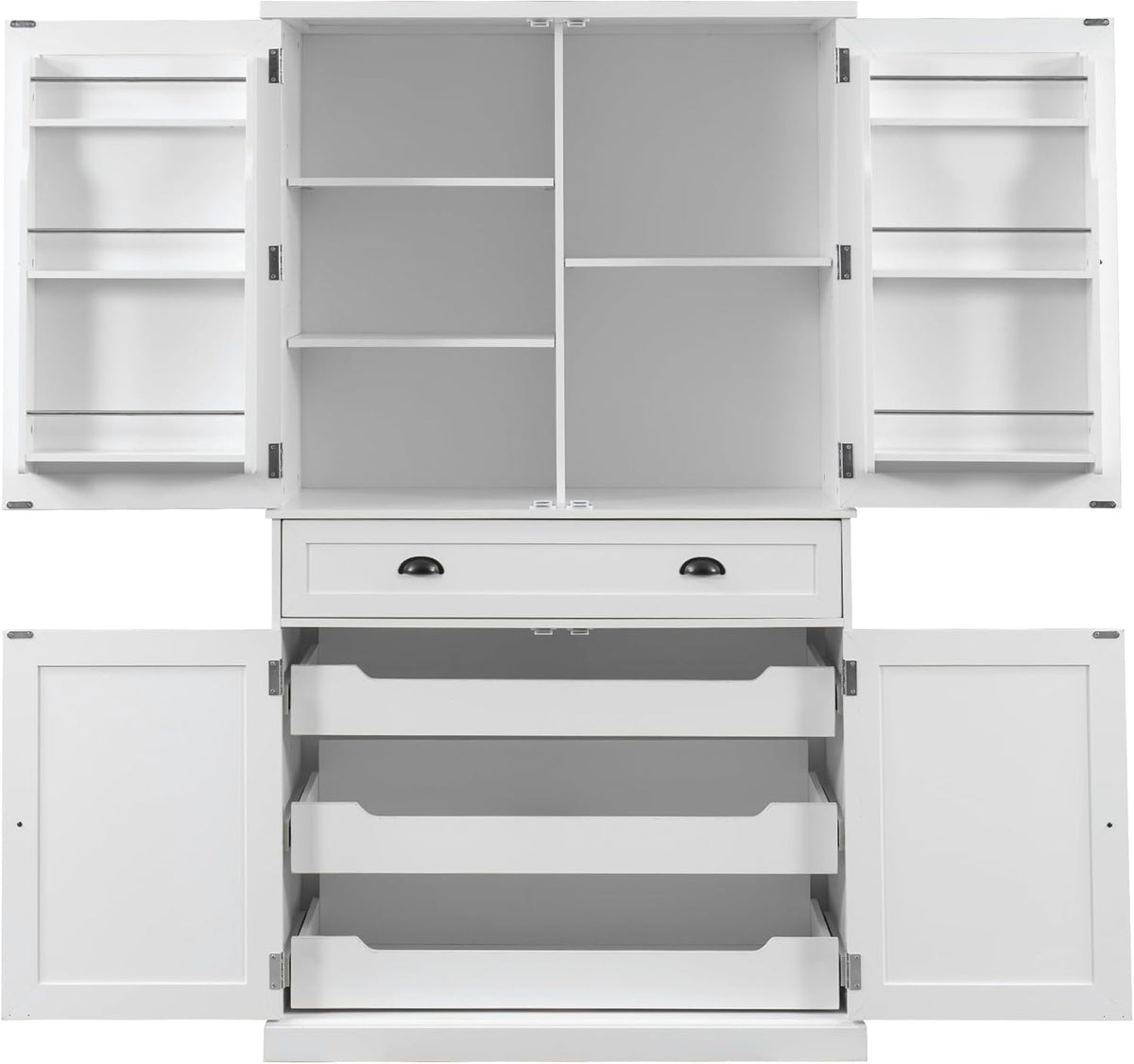 Polibi Freestanding Pantry Cabinet with 4 Doors & 1 Drawer, 3 Adjustable Shelves & Pull-Out Trays, Shaker Style Kitchen Storage for Dining Room, Living Room, Entryway (White)