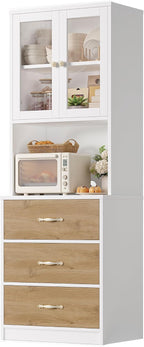 Keyluv 71“ Tall Kitchen Pantry Storage Cabinet with Microwave Stand, Buffet Kitchen Hutch with Shelves and Drawers, Wood Coffee Bar Pantry Cabinet with Glass Doors, for Dining Room/Small Space, Khaki