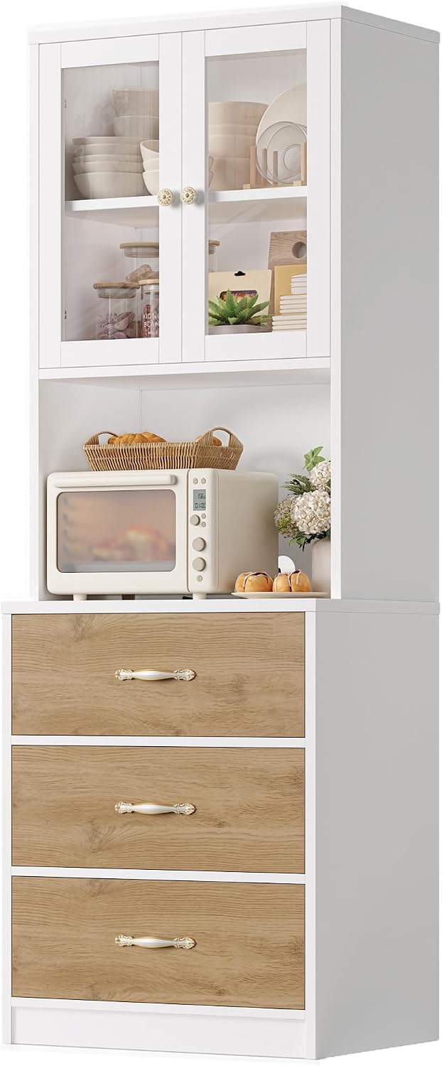 Keyluv 71“ Tall Kitchen Pantry Storage Cabinet with Microwave Stand, Buffet Kitchen Hutch with Shelves and Drawers, Wood Coffee Bar Pantry Cabinet with Glass Doors, for Dining Room/Small Space, Khaki