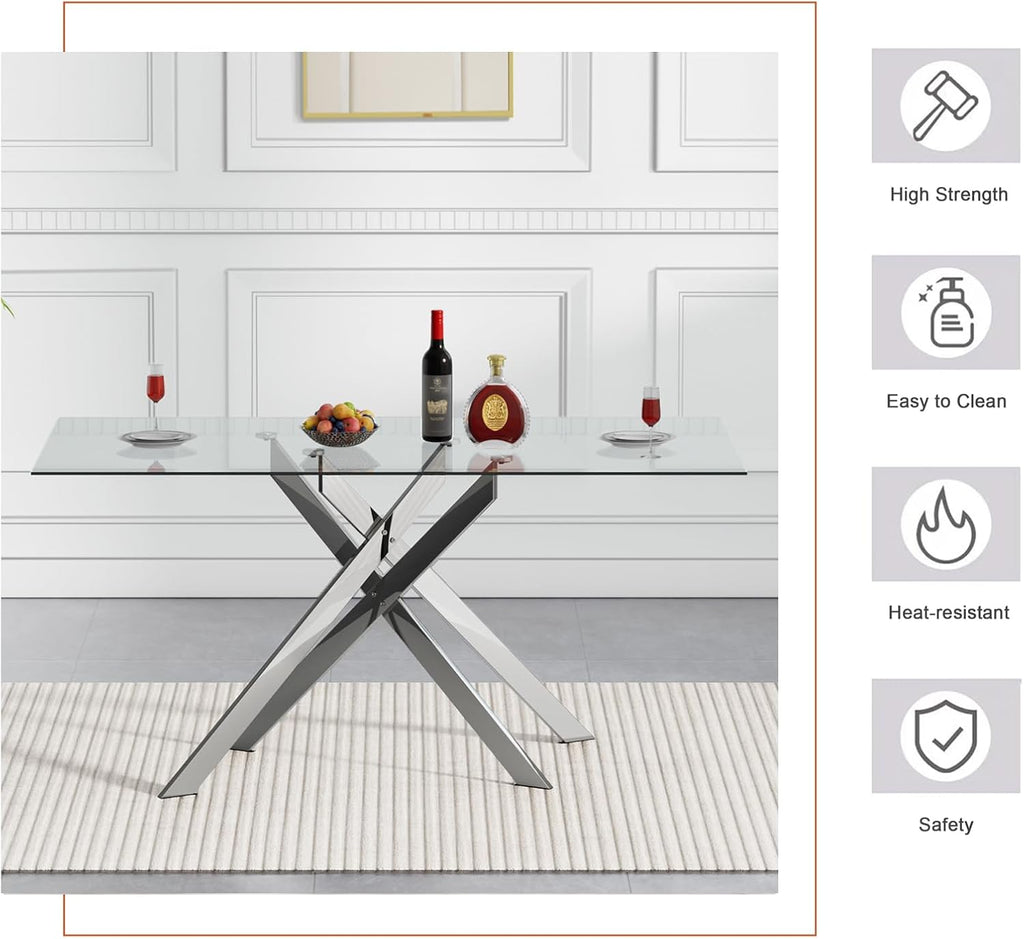 Modern Glass Dining Table Set for 6, Glass Silver Kitchen Table and Chairs Set, 7 Piece Dining Room Table Set with 51" Rectangle Dinner Table and 6 Black Leather Dining Chairs