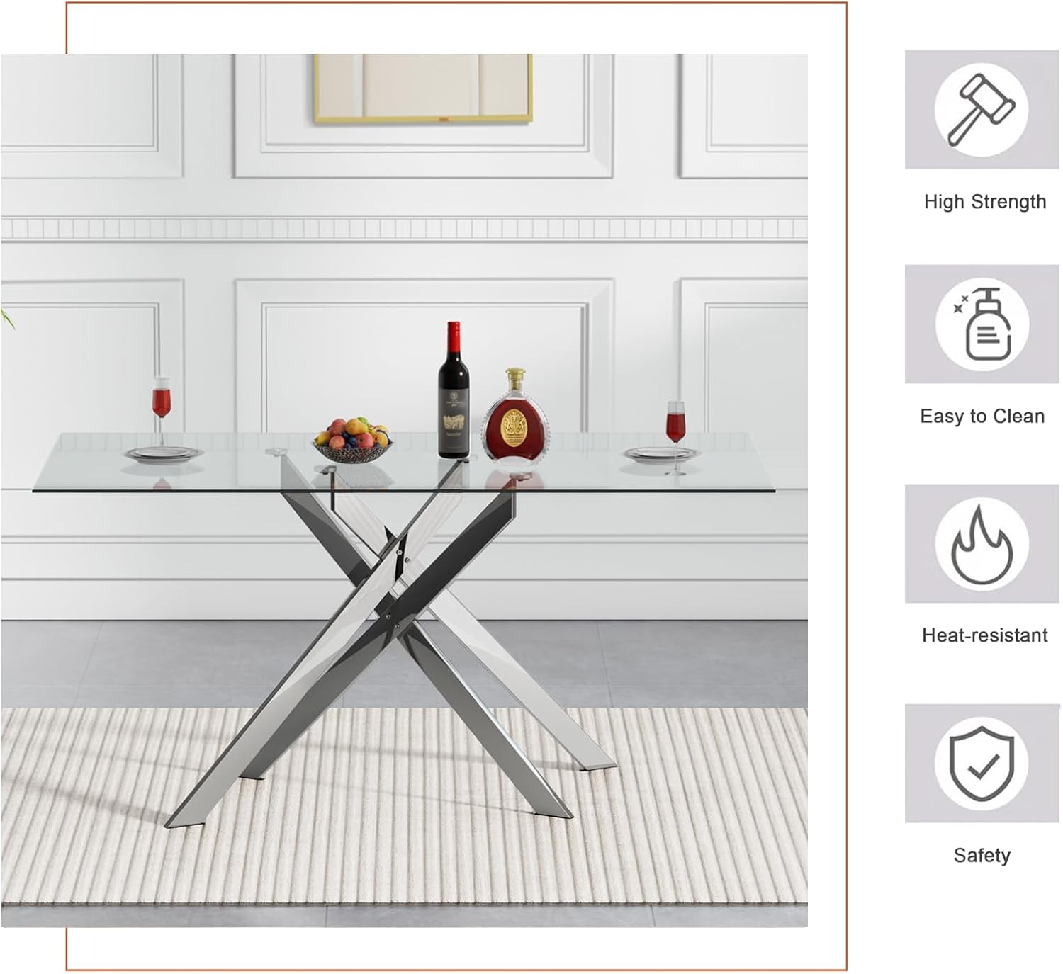 Modern Glass Dining Table Set for 6, Glass Silver Kitchen Table and Chairs Set, 7 Piece Dining Room Table Set with 51" Rectangle Dinner Table and 6 Black Leather Dining Chairs