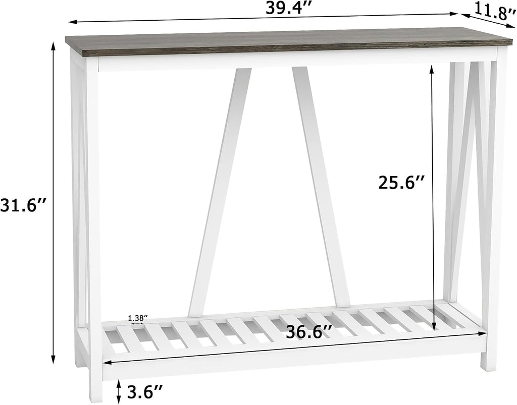 Entryway Table, 39" Farmhouse Console Table with Shelf Narrow Foyer Table | | 2-Tier Open Shelf,V-Shape Anti-Tip Legs,Slim Narrow Design,30-Min Easy Assembly,Sofa Table Use,Two-Tone Finish,Dark Oak