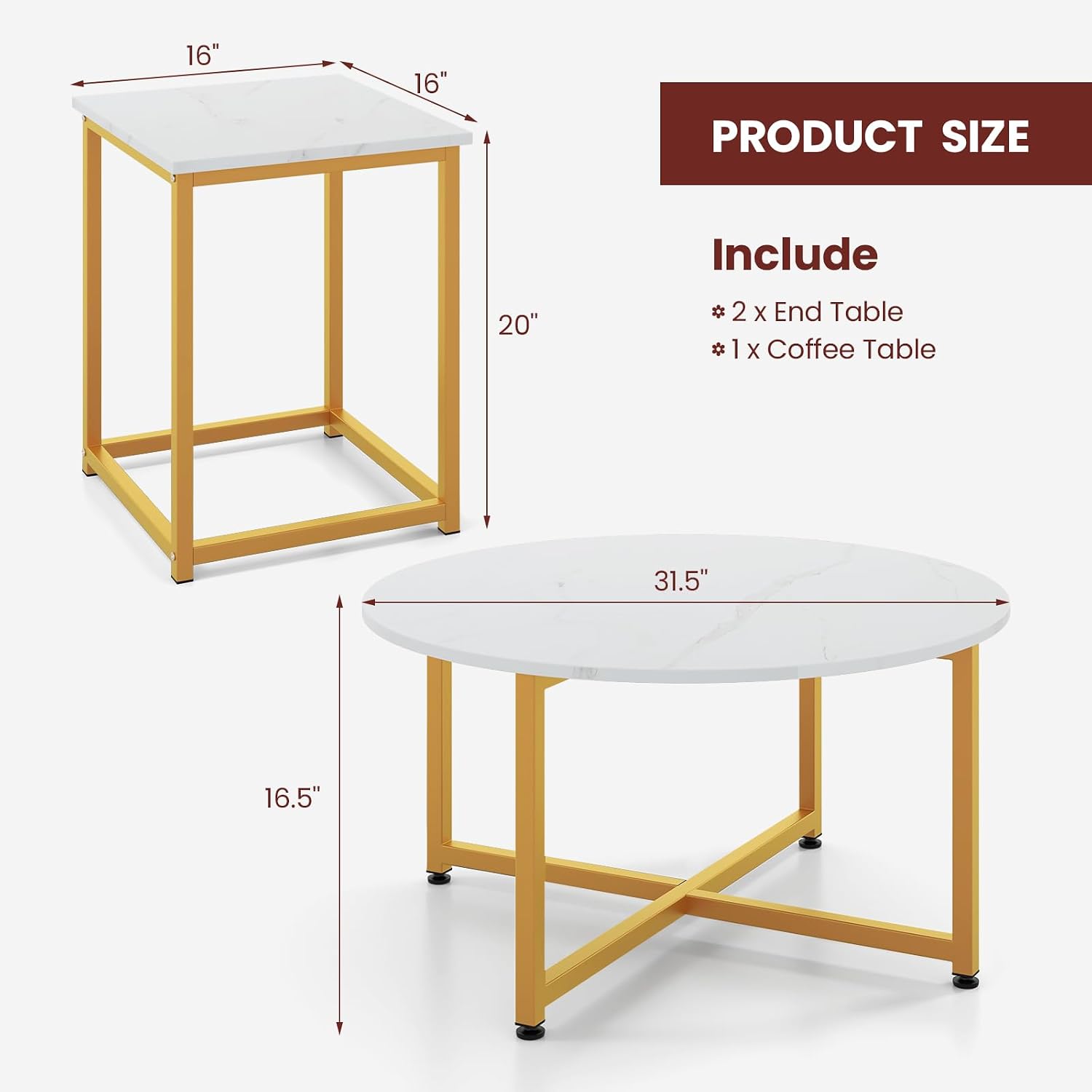 GIANTEX Round Nesting Table Set of 3, Wood Living Room Table Set, White | Modern Faux Marble Coffee Table w/2 End Tables, Sturdy Metal Frame, 3-Piece Coffee Table for Living Room