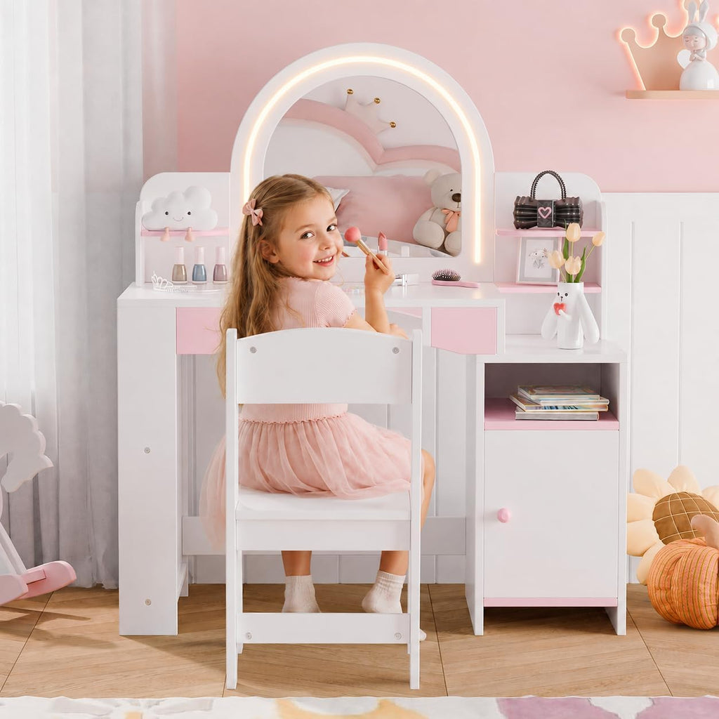 MU Kids Vanity with Lights, Girls Vanity Table and Chair Set with Lighted Mirror, Storage Cabinet, Bookshelf & Shelves, Toddler Makeup Vanity Set for Little Girls, White