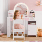 MU Kids Vanity with Lights, Girls Vanity Table and Chair Set with Lighted Mirror, Storage Cabinet, Bookshelf & Shelves, Toddler Makeup Vanity Set for Little Girls, White