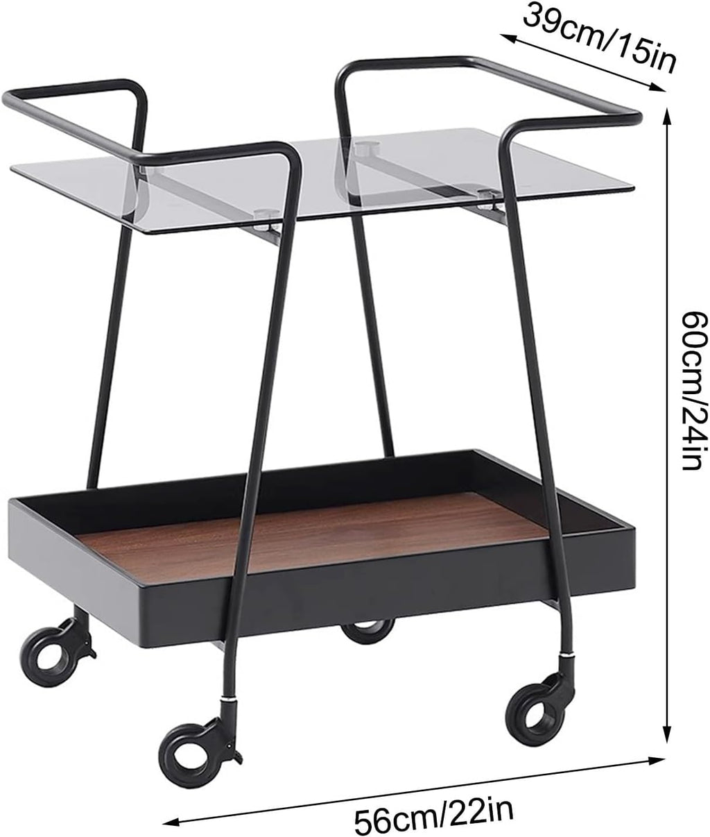 2 Tier Side Table with Wheels End Tables with Storage Shelf Storage Cart with Glass Top Small Coffee Table for Home Solid Construction