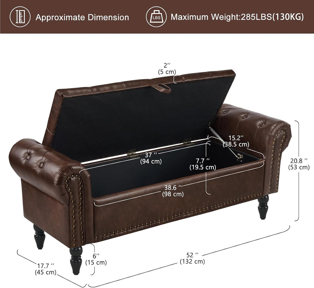 Furniliving 51” End of Bed Storage Bench, Bedroom Bench with Button-Tufted, Upholstered Storage Ottoman Benches Window Bench with Storage, Leather Bench for Living Room, Entryway, PU, BlackBrown