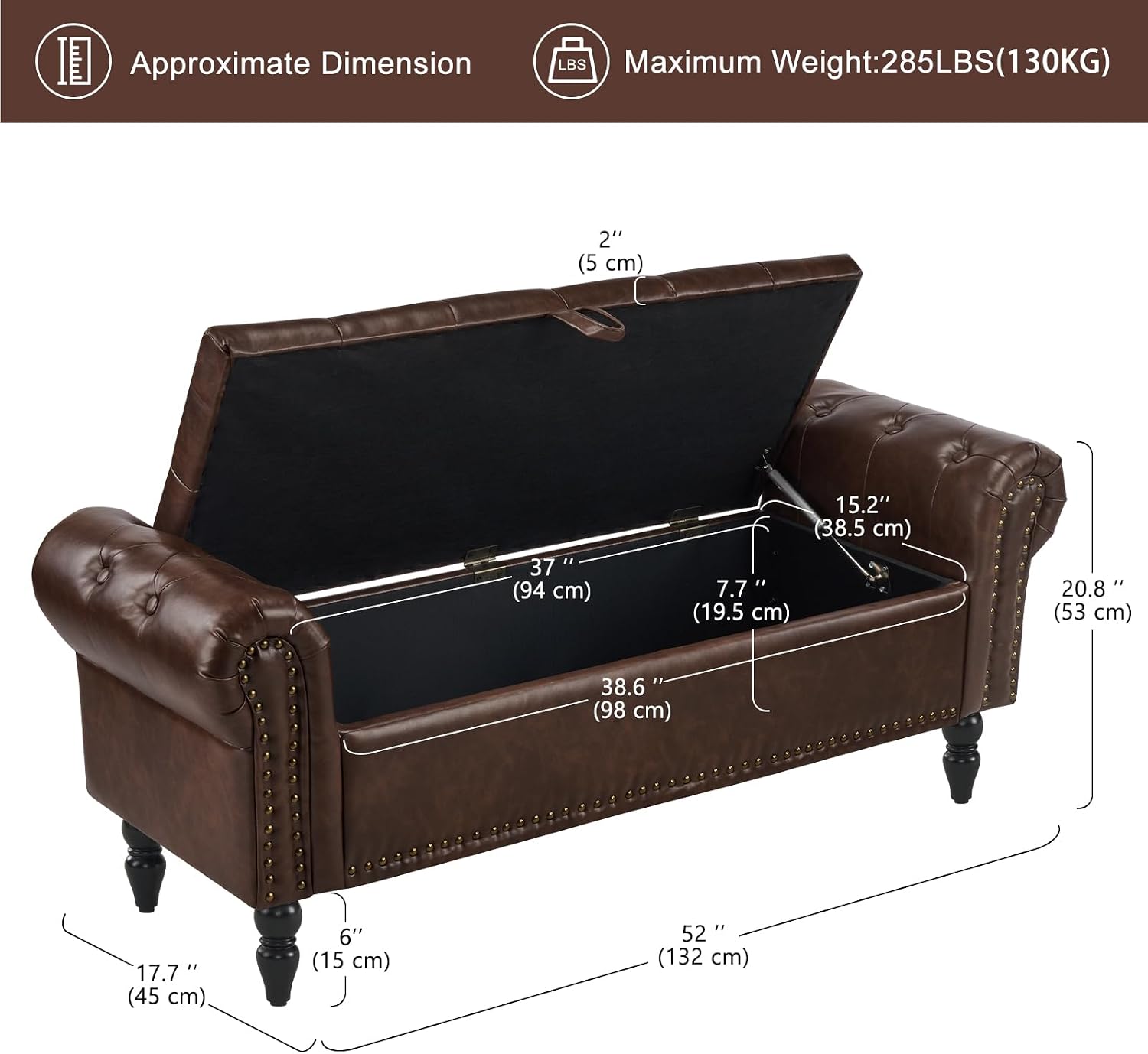Furniliving 51” End of Bed Storage Bench, Bedroom Bench with Button-Tufted, Upholstered Storage Ottoman Benches Window Bench with Storage, Leather Bench for Living Room, Entryway, PU, BlackBrown