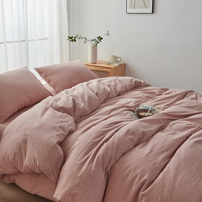 Face Two Face Bedding Duvet Cover Set 3 Pieces 100% Washed Cotton Duvet Cover Linen Like Textured Breathable Durable Soft Comfy (California King, Old Pink)