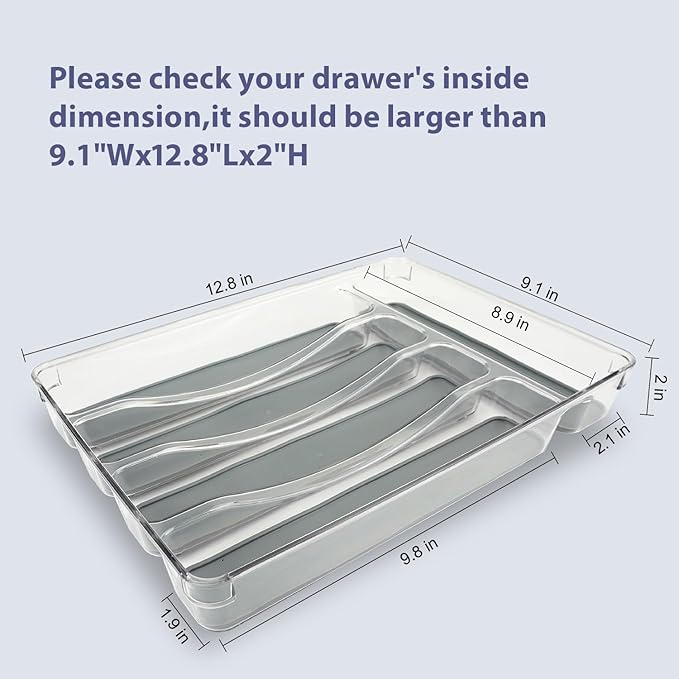 5 Compartments Silverware Tray for Drawer, Plastic Utensil Cutlery Drawer Organizer w/Grip Lining (Clear&Grey)