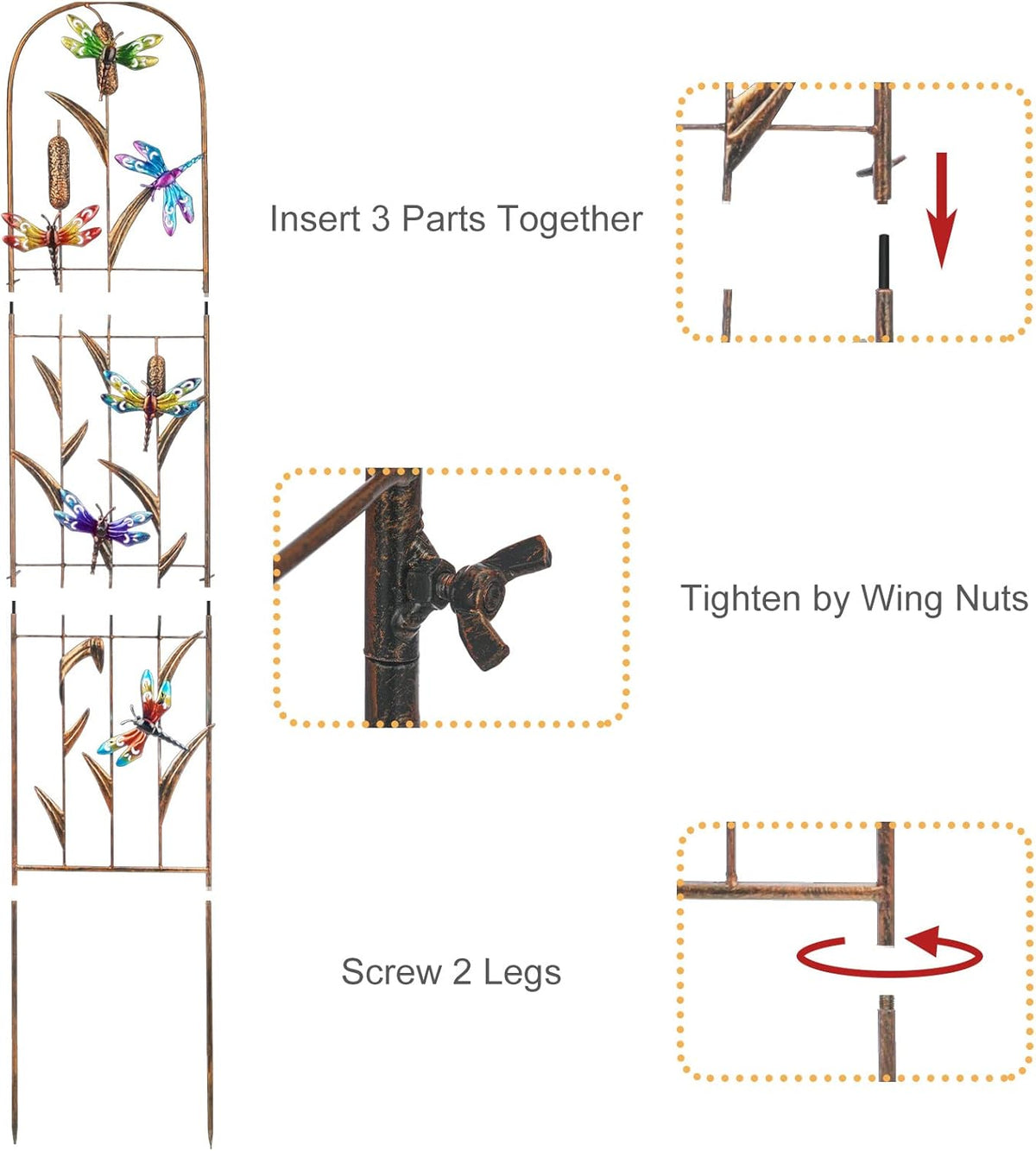 LEWIS&WAYNE 2 Pack Metal Garden Trellis with Colorful Dragonfly 60 Inch High Outdoor Decoration Arched Fence Trellis for Climbing Plants for Patio, Lawn, Yard, Backyard, Wall Brackets