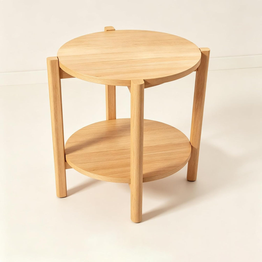 Round Two-Tier Accent End Table, Wood Composite Construction with All-Side Finished Surface and Open Storage Shelving