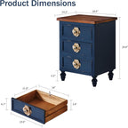 Vintage Farmhouse End Table with Floral Knobs – 19" Rustic Nightstand with 3 Drawers and Gourd Legs,Bedside or Sofa Accent Table, Almost Fully Assembled (Antique Blue)